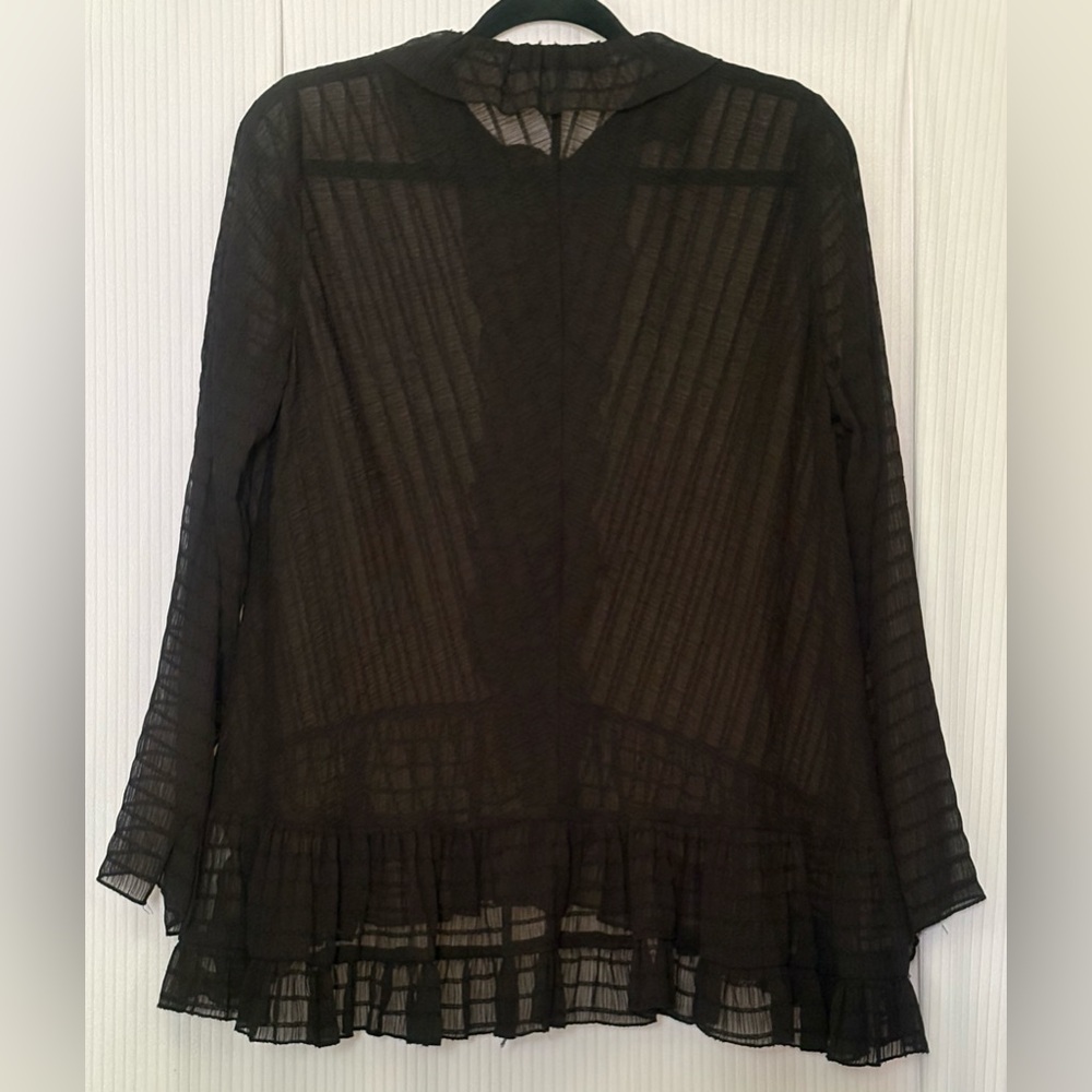 Zara Ruffled Textured Weave Long Sleeve Button Down Blouse Black Medium - Picture 3 of 15